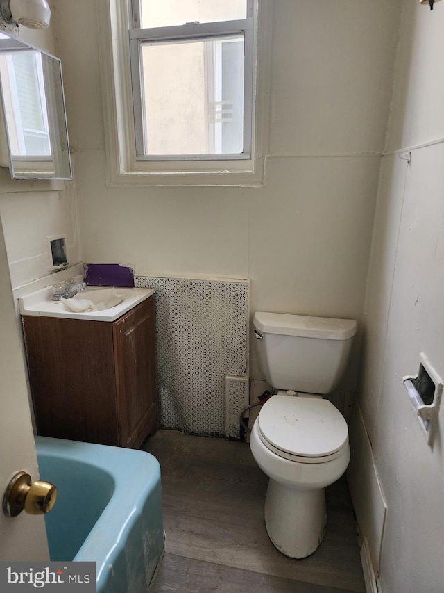 bathroom with vanity, radiator, toilet, and wood finished floors