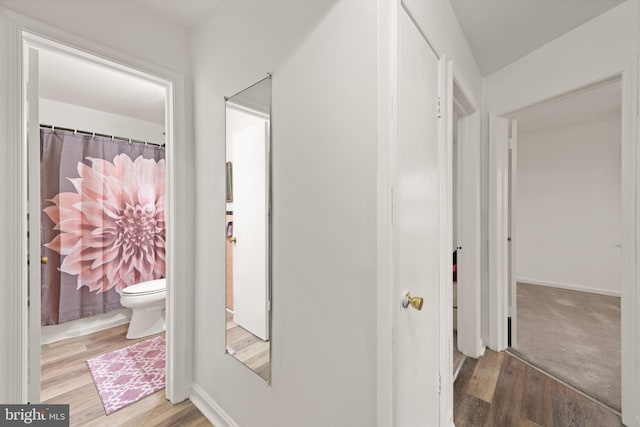 corridor with wood finished floors and baseboards