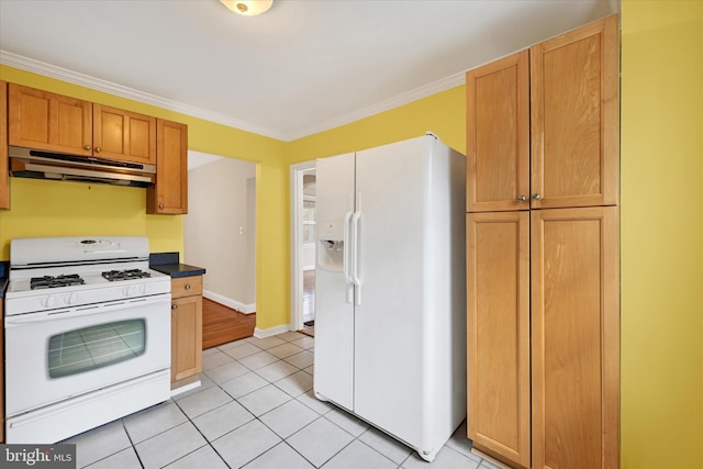 kitchen featuring crown molding, light tile patterned floors, white appliances, under cabinet range hood, and baseboards