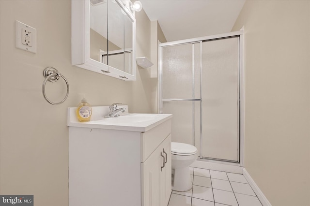 full bath featuring baseboards, toilet, tile patterned flooring, vanity, and a shower stall