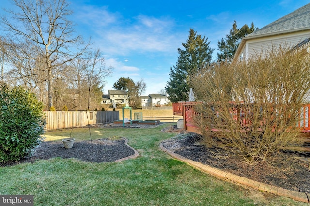 view of yard with a deck and a fenced backyard