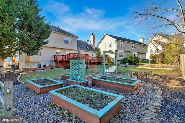 back of property with a wooden deck, a garden, and fence