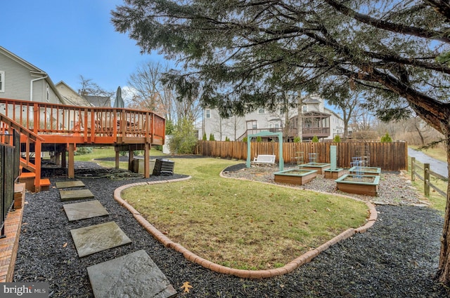 view of yard featuring a deck, fence private yard, and a vegetable garden