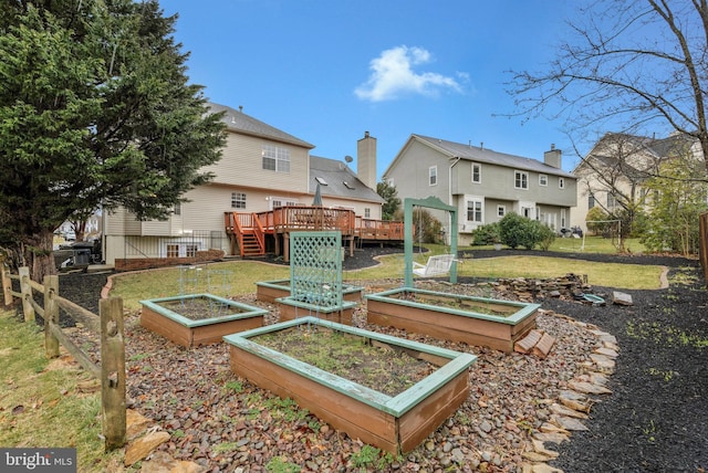 view of yard featuring a deck, a vegetable garden, and fence