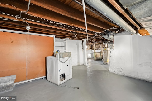 unfinished below grade area with water heater and washer / dryer