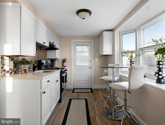 kitchen featuring electric range, wood finished floors, white cabinetry, light countertops, and decorative backsplash