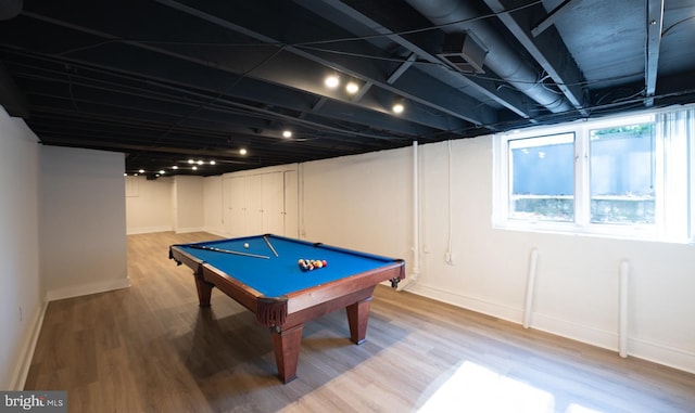 recreation room with pool table, light wood-type flooring, and baseboards