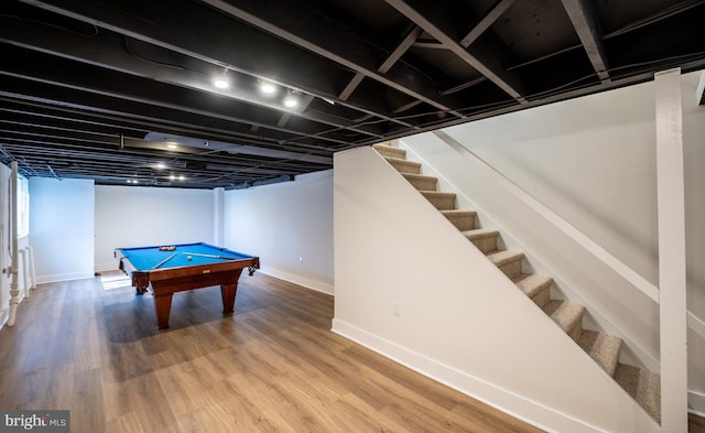 playroom featuring baseboards, wood finished floors, and billiards