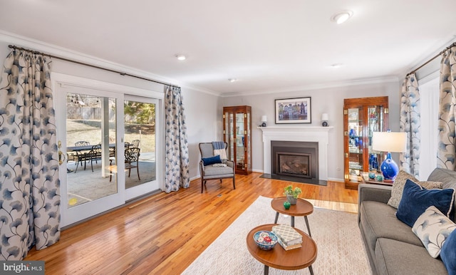 living room featuring a fireplace with flush hearth, light wood-style flooring, baseboards, and ornamental molding