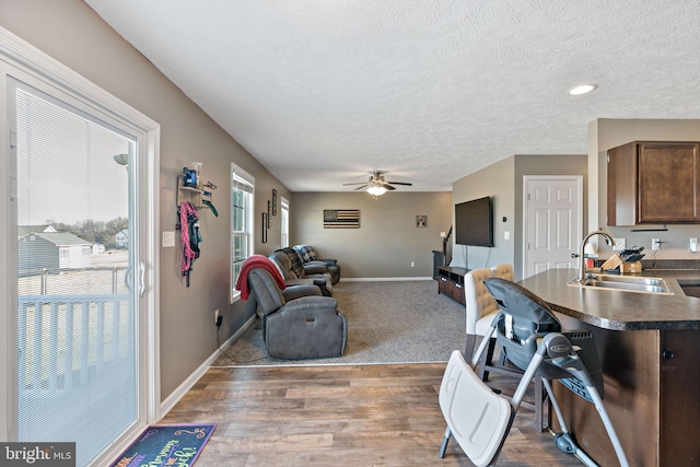 living room with hardwood / wood-style flooring, ceiling fan, sink, and a textured ceiling