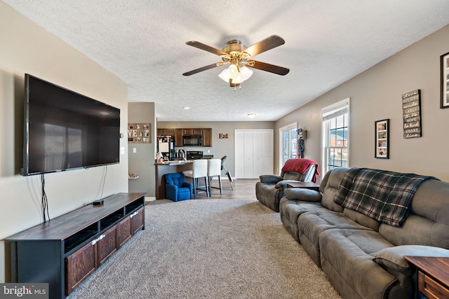 carpeted living room with ceiling fan and a textured ceiling