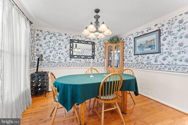 dining area with wallpapered walls, a wainscoted wall, and wood finished floors