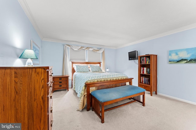 bedroom featuring baseboards, ornamental molding, and light colored carpet