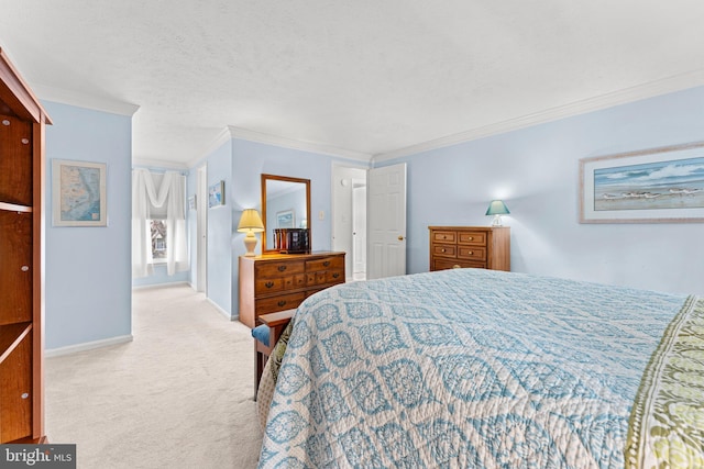 bedroom featuring carpet floors, baseboards, ornamental molding, and a textured ceiling