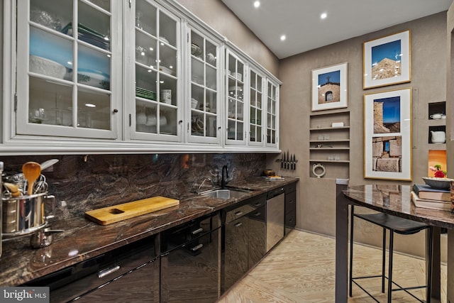 bar with stainless steel dishwasher, recessed lighting, a sink, and tasteful backsplash