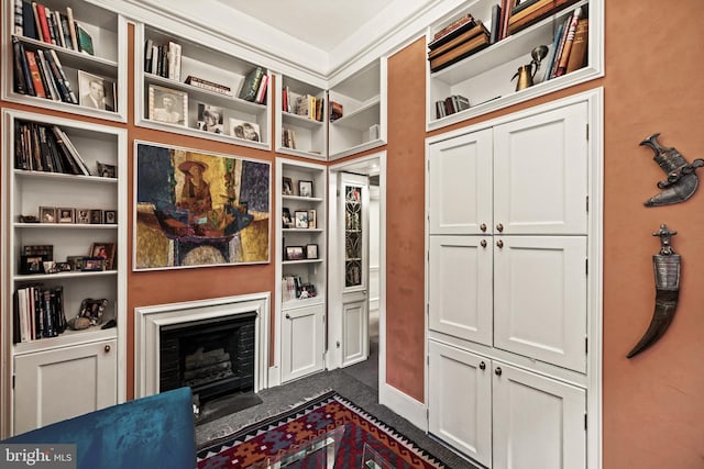 sitting room with dark colored carpet, a fireplace, and built in features