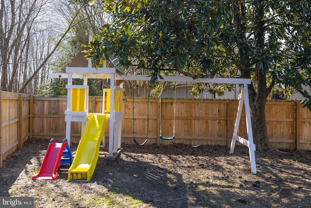 view of play area featuring a fenced backyard