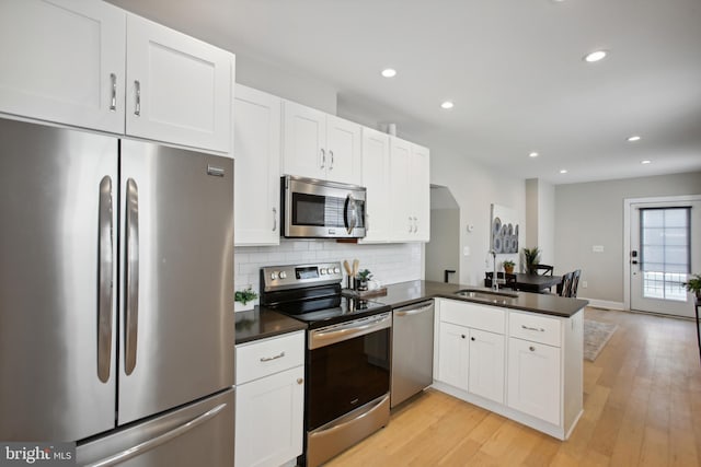 kitchen featuring sink, kitchen peninsula, appliances with stainless steel finishes, and white cabinets