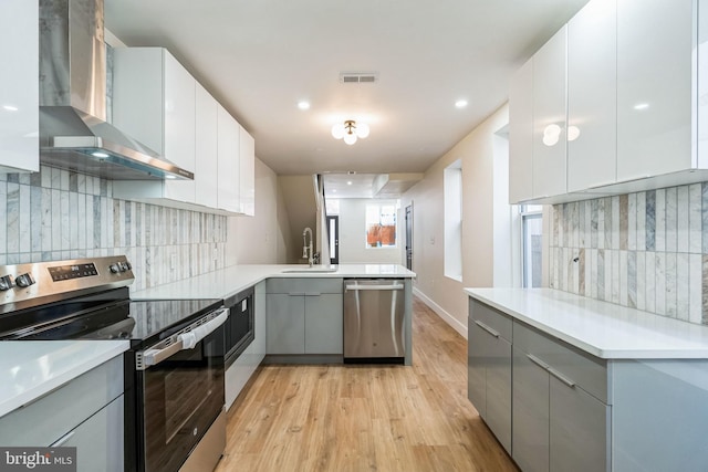 kitchen featuring gray cabinets, sink, kitchen peninsula, stainless steel appliances, and wall chimney exhaust hood