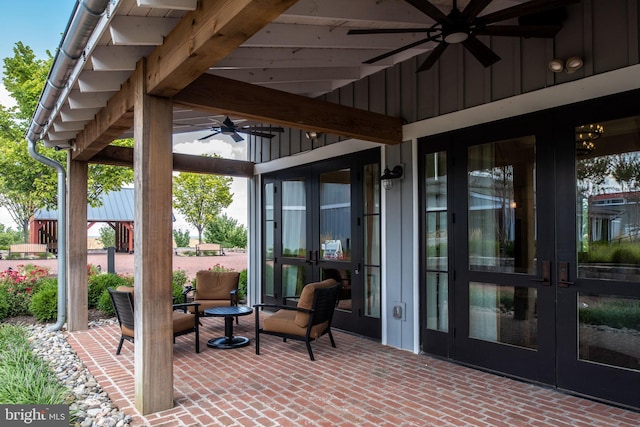 view of patio with ceiling fan and french doors