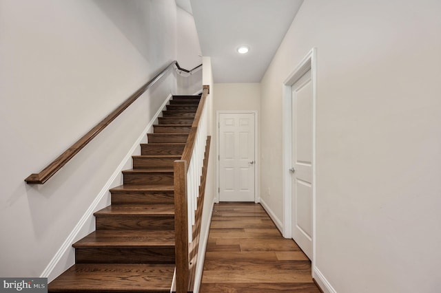 stairway with hardwood / wood-style floors