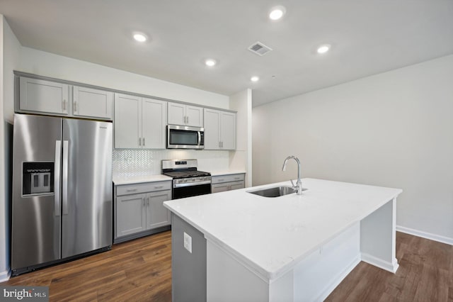 kitchen with an island with sink, stainless steel appliances, sink, and gray cabinetry