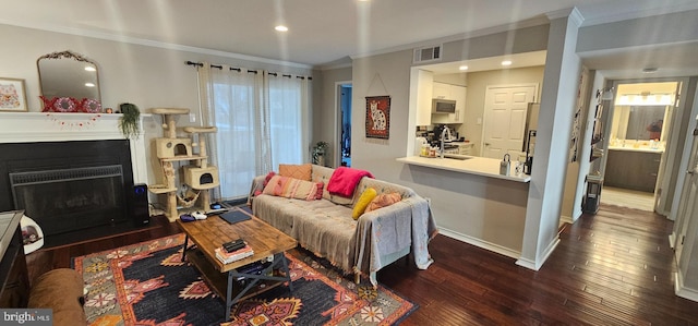 living room featuring sink, crown molding, and dark hardwood / wood-style flooring