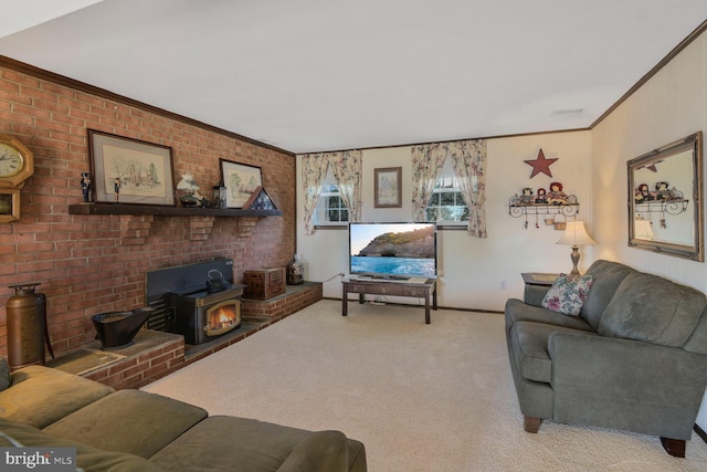 living room with carpet, a wood stove, and crown molding