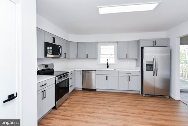 kitchen featuring stainless steel appliances, light hardwood / wood-style floors, sink, and gray cabinetry