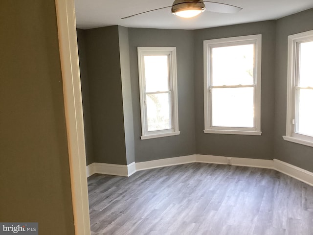 empty room with a healthy amount of sunlight, ceiling fan, and light hardwood / wood-style flooring
