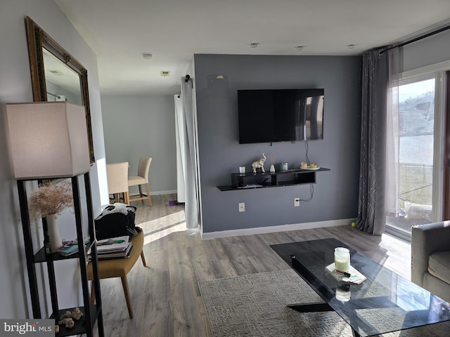 living room featuring a barn door, baseboards, and wood finished floors