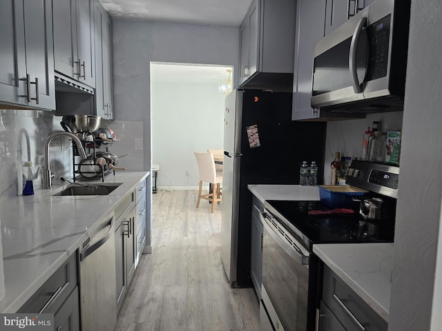 kitchen with light wood-type flooring, appliances with stainless steel finishes, gray cabinets, and a sink