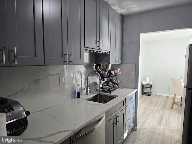 kitchen featuring gray cabinetry, a sink, backsplash, dishwasher, and light wood finished floors