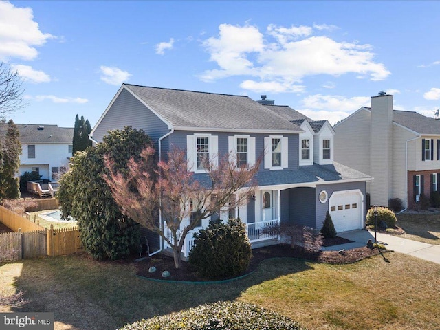 view of front of home with a front lawn, fence, a porch, a garage, and driveway