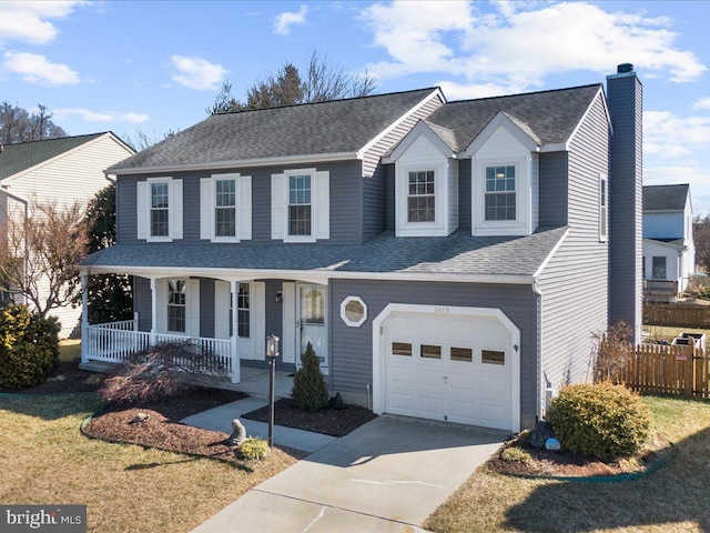 traditional home featuring fence, roof with shingles, driveway, covered porch, and a chimney