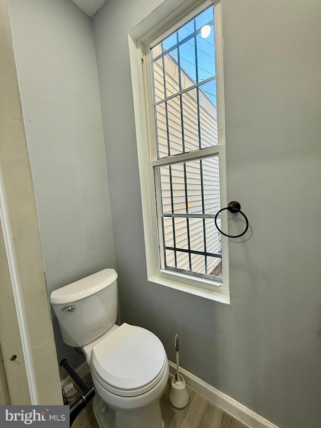 bathroom with toilet, hardwood / wood-style flooring, and plenty of natural light