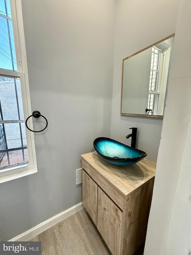 bathroom with vanity and wood-type flooring