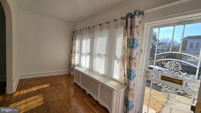 interior space featuring dark wood-type flooring, arched walkways, plenty of natural light, and baseboards