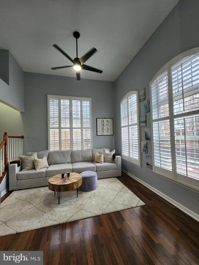 living room with ceiling fan and wood-type flooring