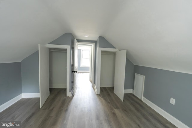 additional living space featuring dark wood-type flooring and lofted ceiling