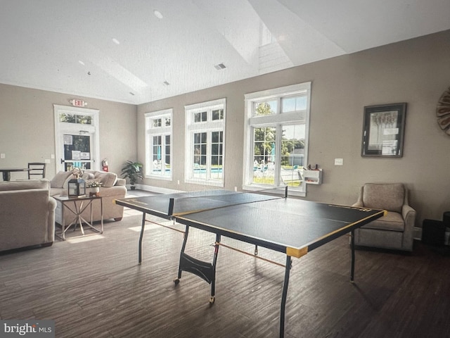 recreation room with vaulted ceiling and wood-type flooring