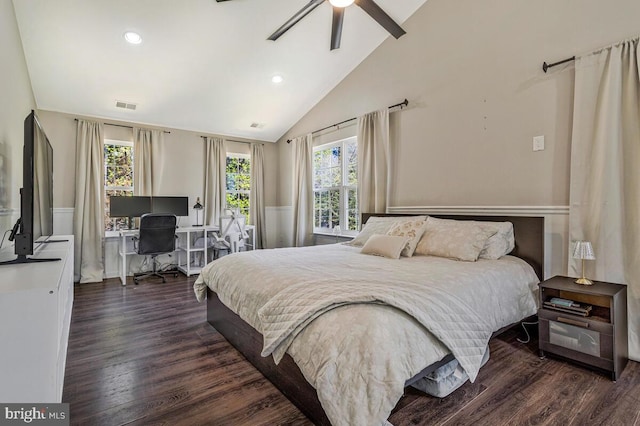 bedroom with recessed lighting, lofted ceiling, visible vents, and dark wood-style floors