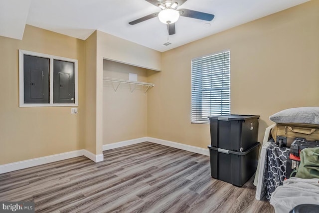 bedroom featuring wood finished floors, electric panel, a ceiling fan, and baseboards