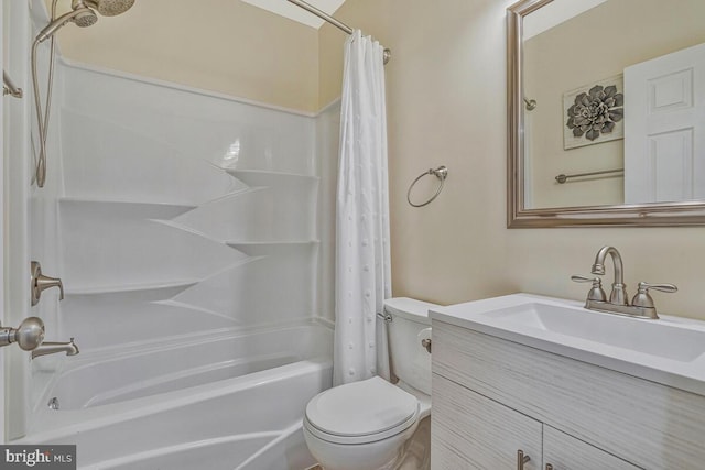 bathroom with vanity, shower / bathtub combination with curtain, and toilet