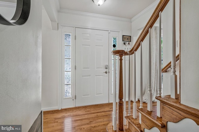 foyer with light wood-style flooring, a wealth of natural light, stairway, and crown molding