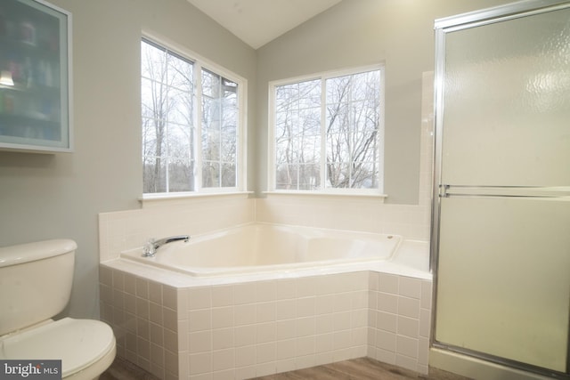 full bath featuring a healthy amount of sunlight, vaulted ceiling, toilet, and a bath