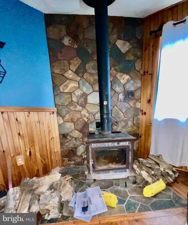 interior details featuring a wood stove