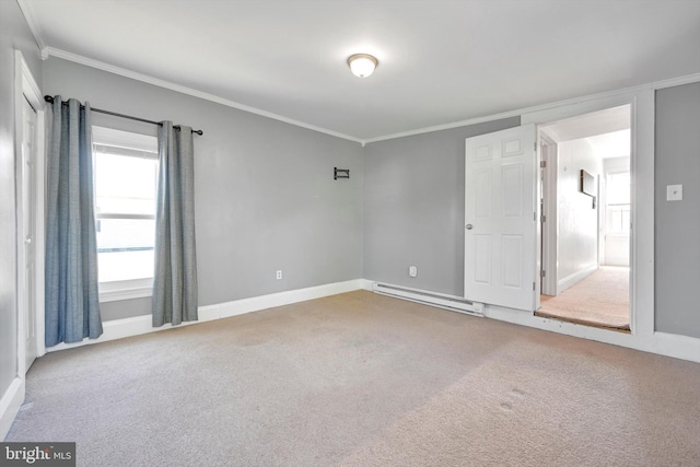 carpeted spare room featuring baseboards, a baseboard radiator, and ornamental molding