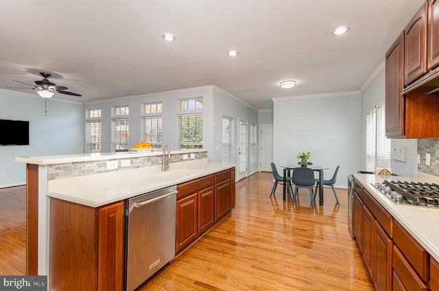 kitchen with light countertops, a sink, light wood-style flooring, and stainless steel appliances