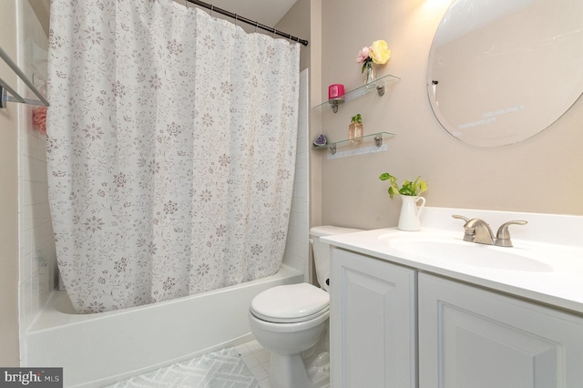 bathroom featuring tile patterned floors, vanity, toilet, and shower / bathtub combination with curtain